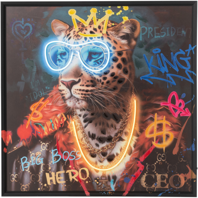 Toile murale peinte lumineuse design Léopard Boss Cadre en bois noir Néonyo 