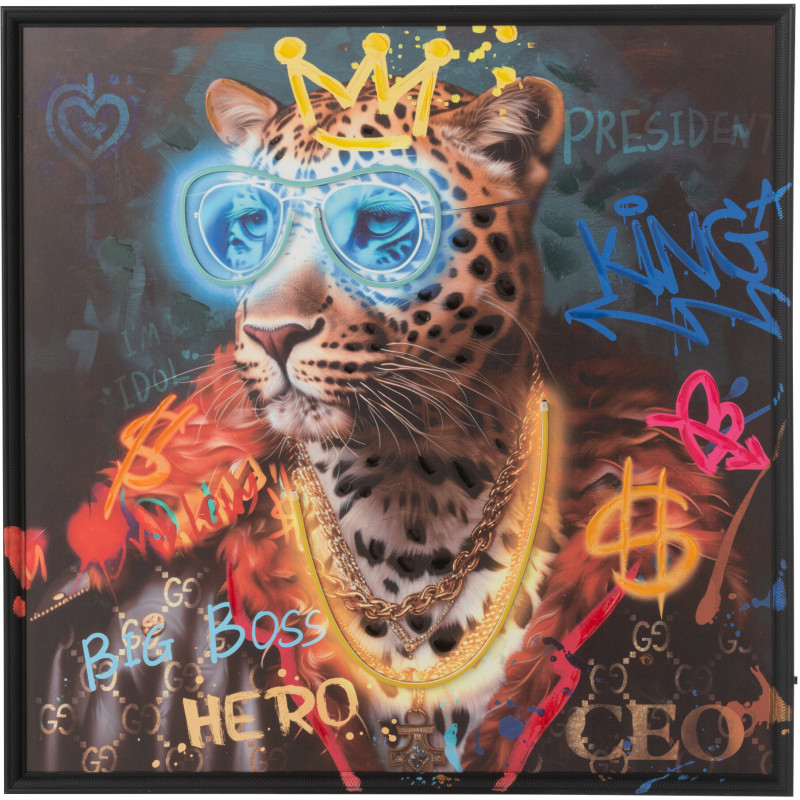 Toile murale peinte lumineuse design Léopard Boss Cadre en bois noir Néonyo 