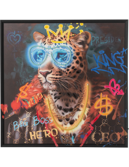 Toile murale peinte lumineuse design Léopard Boss Cadre en bois noir Néonyo 