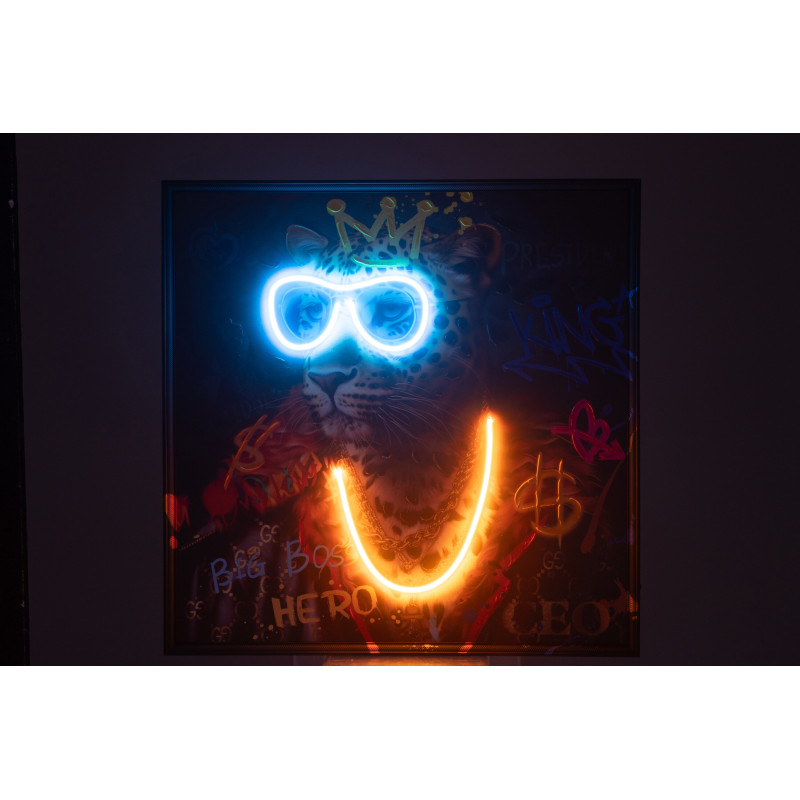 Toile murale peinte lumineuse design Léopard Boss Cadre en bois noir Néonyo 