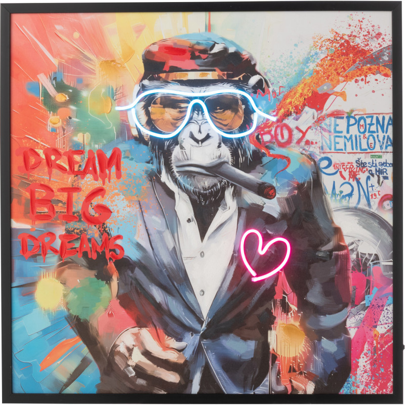 Toile murale peinte lumineuse design Singe Cigare Cadre en bois noir Néonyo 