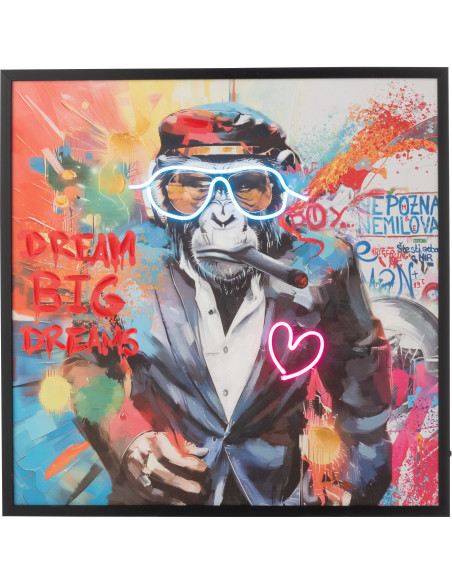 Toile murale peinte lumineuse design Singe Cigare Cadre en bois noir Néonyo 