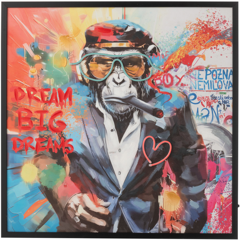 Toile murale peinte lumineuse design Singe Cigare Cadre en bois noir Néonyo 