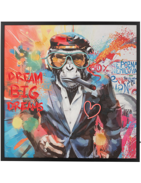 Toile murale peinte lumineuse design Singe Cigare Cadre en bois noir Néonyo 