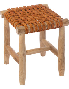 Tabouret design bohème Carré Bois de teck Naturel Herbe marine Orange Mariska 