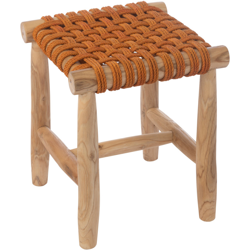 Tabouret design bohème Carré Bois de teck Naturel Herbe marine Orange Mariska 