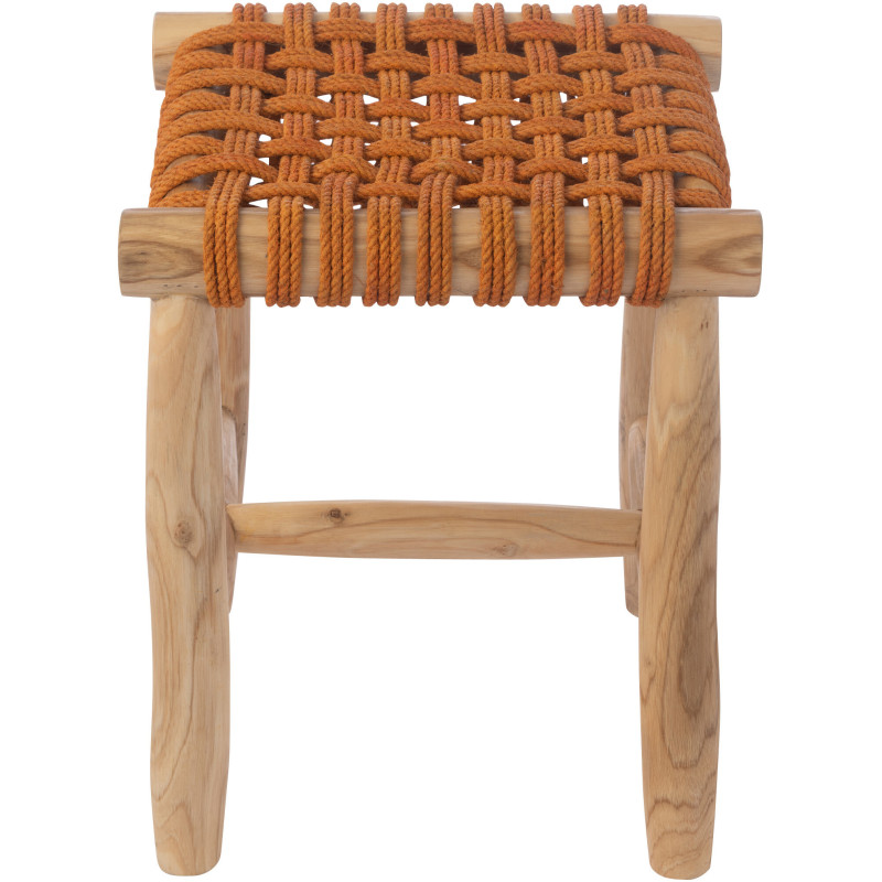Tabouret design bohème Carré Bois de teck Naturel Herbe marine Orange Mariska 