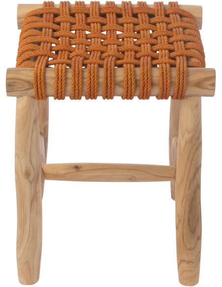 Tabouret design bohème Carré Bois de teck Naturel Herbe marine Orange Mariska 