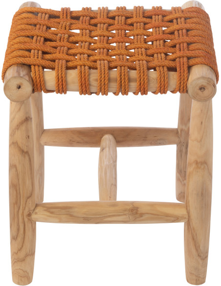 Tabouret design bohème Carré Bois de teck Naturel Herbe marine Orange Mariska 