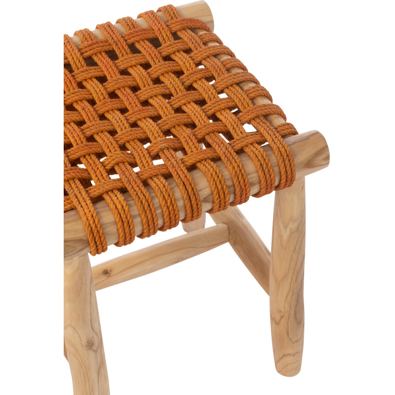 Tabouret design bohème Carré Bois de teck Naturel Herbe marine Orange Mariska 