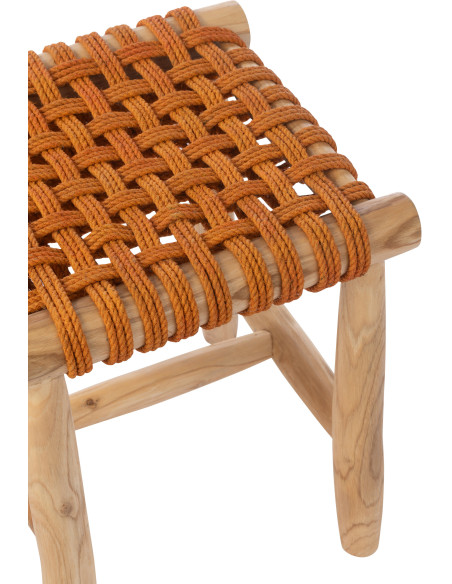 Tabouret design bohème Carré Bois de teck Naturel Herbe marine Orange Mariska 