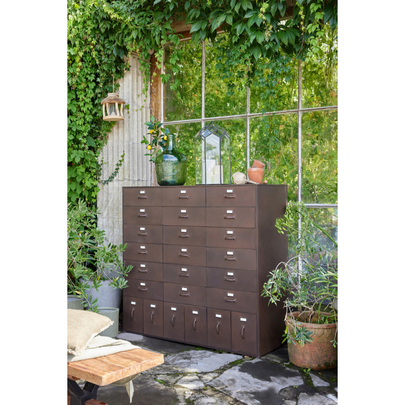 Grand Meuble d'apothicaire design vintage 24 tiroirs Métal Marron rouille Bade 