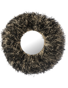 Grand Miroir mural style africain Rond 115x115 Sisal Noir Blanc Kashya 