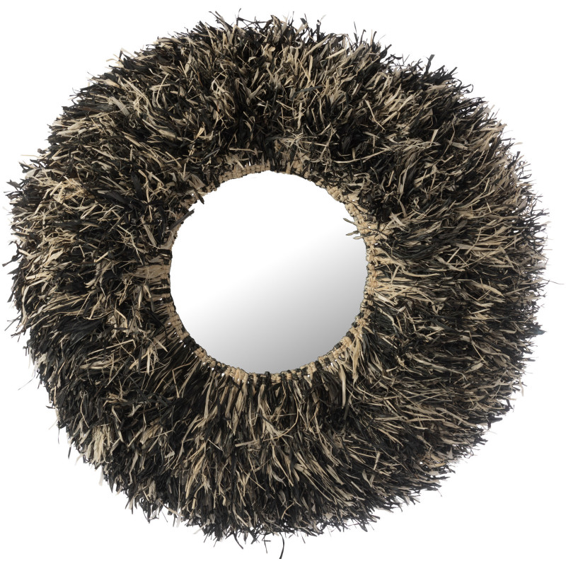 Grand Miroir mural style africain Rond 115x115 Sisal Noir Blanc Kashya 