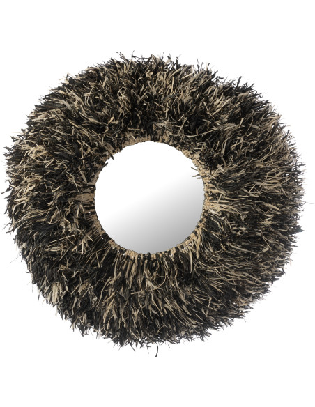 Grand Miroir mural style africain Rond 115x115 Sisal Noir Blanc Kashya 