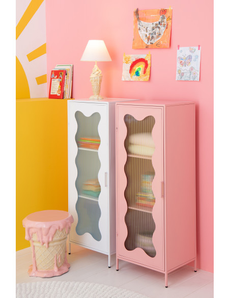 Armoire design Vague 1 porte Métal Rose clair Verre ondulé Semi-transparent Wevana 