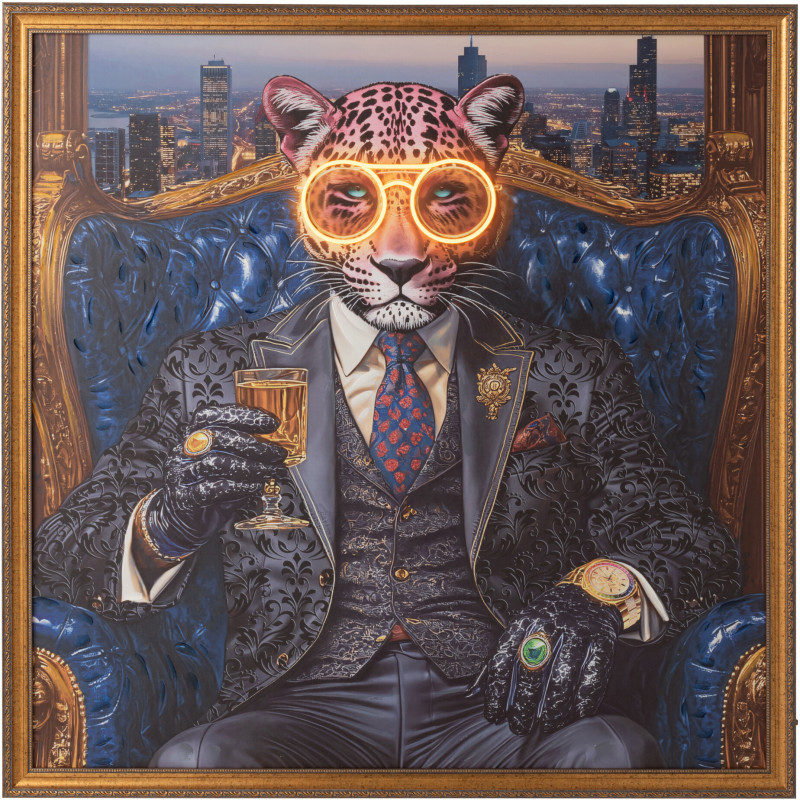 Grande Toile murale peinte lumineuse design Léopard chic Cadre en bois naturel Néonyo 