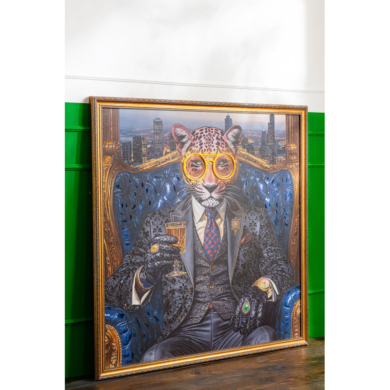 Grande Toile murale peinte lumineuse design Léopard chic Cadre en bois naturel Néonyo 