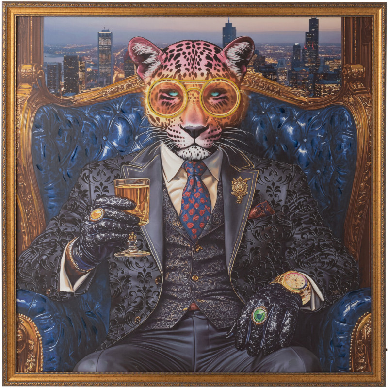 Grande Toile murale peinte lumineuse design Léopard chic Cadre en bois naturel Néonyo 