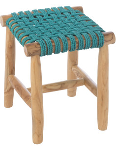 Tabouret design bohème Carré Bois de teck Naturel Herbe marine Bleu turquoise Tressé Mariska 