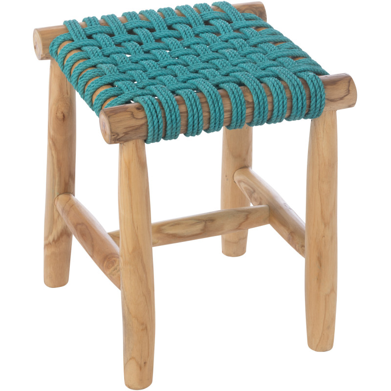 Tabouret design bohème Carré Bois de teck Naturel Herbe marine Bleu turquoise Tressé Mariska 