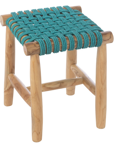 Tabouret design bohème Carré Bois de teck Naturel Herbe marine Bleu turquoise Tressé Mariska 