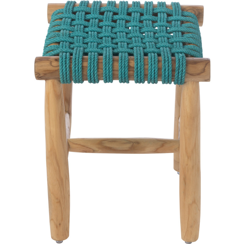 Tabouret design bohème Carré Bois de teck Naturel Herbe marine Bleu turquoise Tressé Mariska 