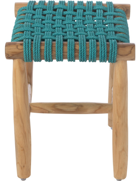 Tabouret design bohème Carré Bois de teck Naturel Herbe marine Bleu turquoise Tressé Mariska 