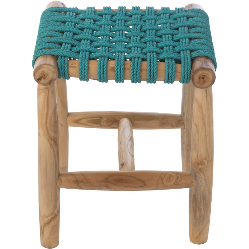Tabouret design bohème Carré Bois de teck Naturel Herbe marine Bleu turquoise Tressé Mariska 