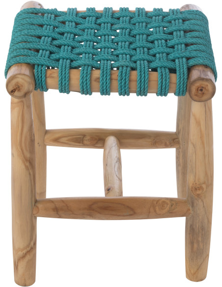 Tabouret design bohème Carré Bois de teck Naturel Herbe marine Bleu turquoise Tressé Mariska 