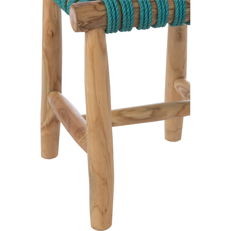Tabouret design bohème Carré Bois de teck Naturel Herbe marine Bleu turquoise Tressé Mariska 