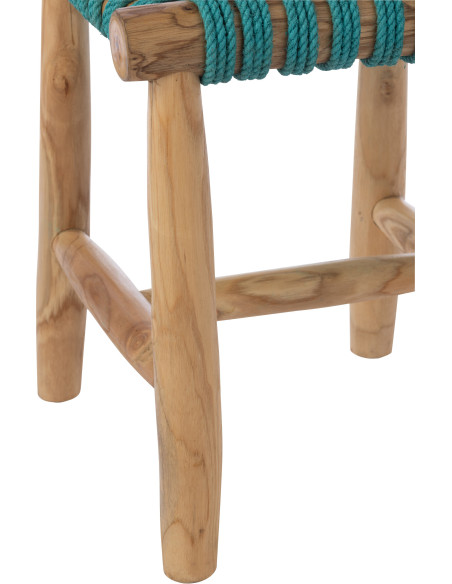 Tabouret design bohème Carré Bois de teck Naturel Herbe marine Bleu turquoise Tressé Mariska 