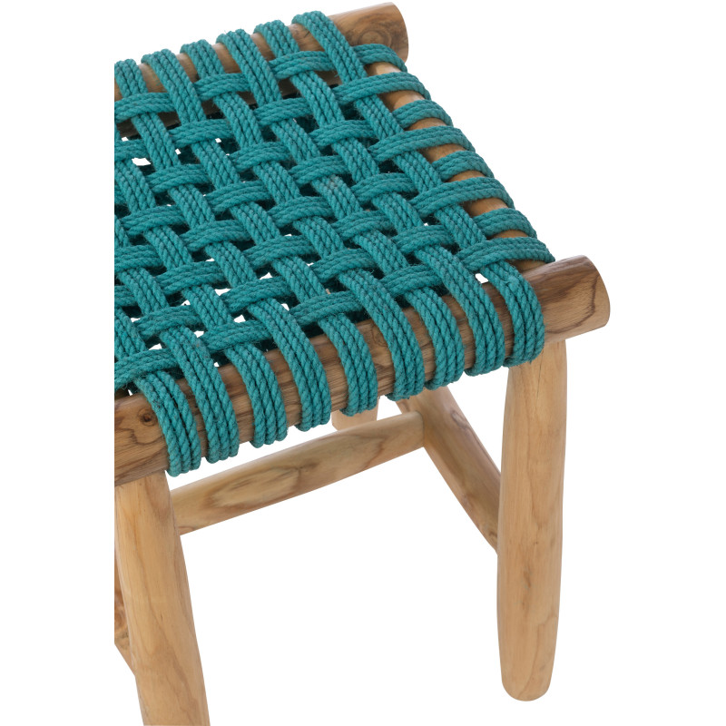 Tabouret design bohème Carré Bois de teck Naturel Herbe marine Bleu turquoise Tressé Mariska 
