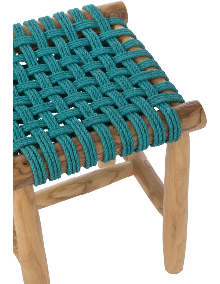 Tabouret design bohème Carré Bois de teck Naturel Herbe marine Bleu turquoise Tressé Mariska 