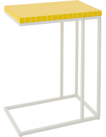 Bout de canapé design bord de mer Rectangulaire 47 cm Métal Bois MDF Jaune Blanc Motif carreaux 