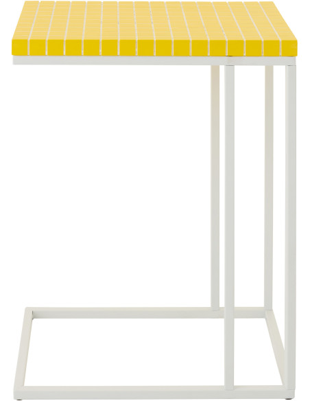 Bout de canapé design bord de mer Rectangulaire 47 cm Métal Bois MDF Jaune Blanc Motif carreaux 