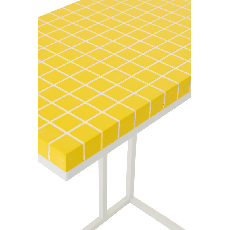 Bout de canapé design bord de mer Rectangulaire 47 cm Métal Bois MDF Jaune Blanc Motif carreaux 