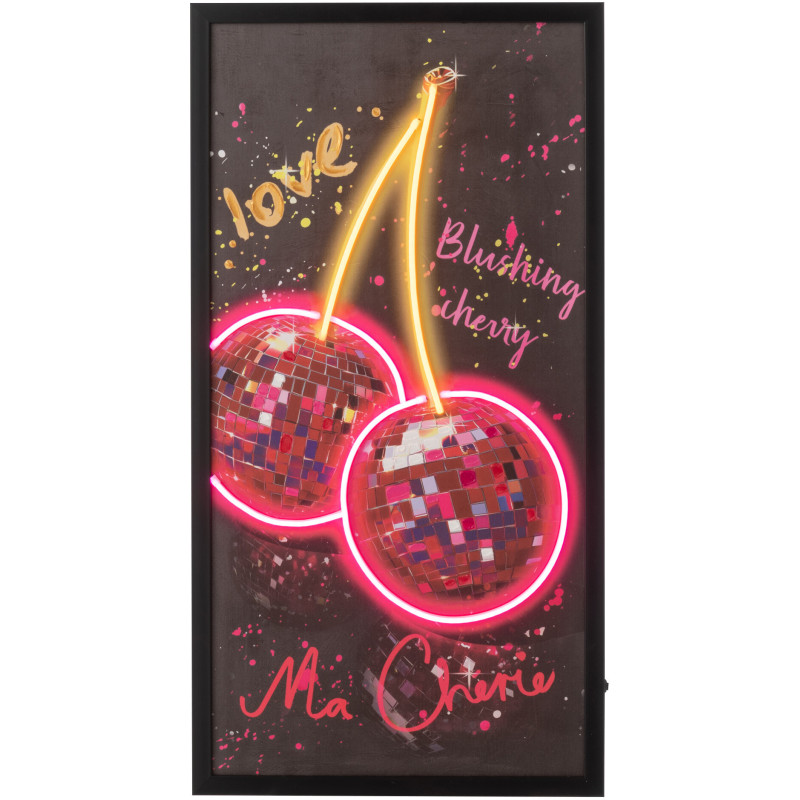 Toile murale peinte lumineuse design Cerises Disco Cadre en bois noir Néonyo 