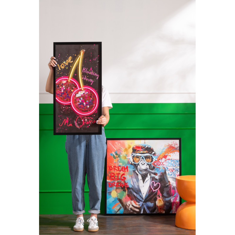 Toile murale peinte lumineuse design Cerises Disco Cadre en bois noir Néonyo 
