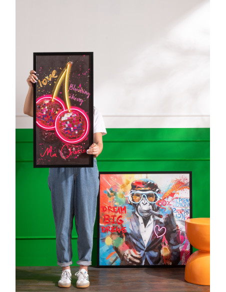 Toile murale peinte lumineuse design Cerises Disco Cadre en bois noir Néonyo 