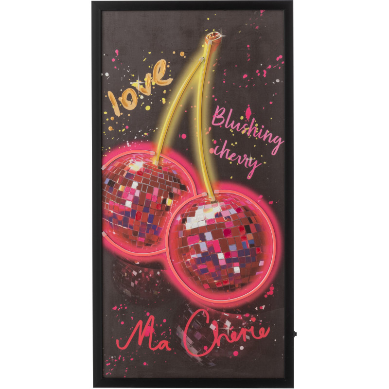 Toile murale peinte lumineuse design Cerises Disco Cadre en bois noir Néonyo 