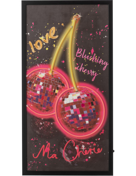 Toile murale peinte lumineuse design Cerises Disco Cadre en bois noir Néonyo 