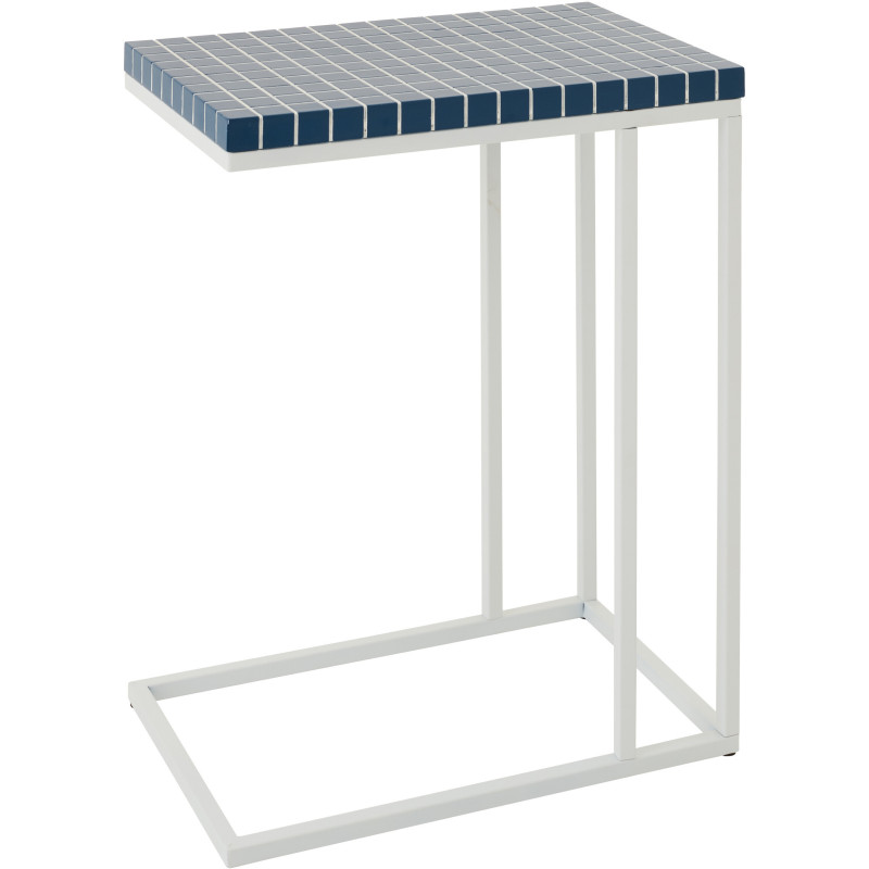 Bout de canapé design bord de mer Rectangulaire 47 cm Métal Bois MDF Bleu foncé Blanc Motif carreaux 