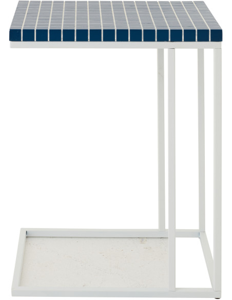 Bout de canapé design bord de mer Rectangulaire 47 cm Métal Bois MDF Bleu foncé Blanc Motif carreaux 