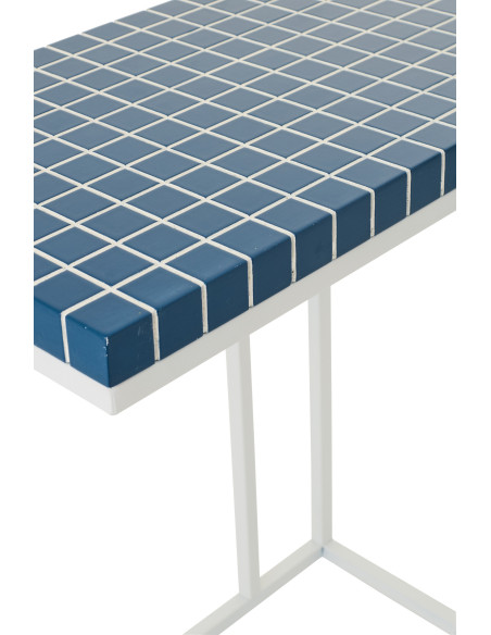 Bout de canapé design bord de mer Rectangulaire 47 cm Métal Bois MDF Bleu foncé Blanc Motif carreaux 