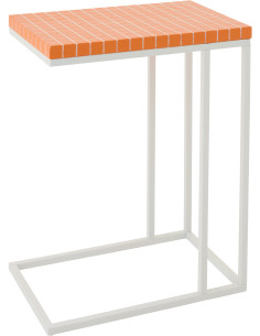 Bout de canapé design bord de mer Rectangulaire 47 cm Métal Bois MDF Orange Blanc Motif carreaux 