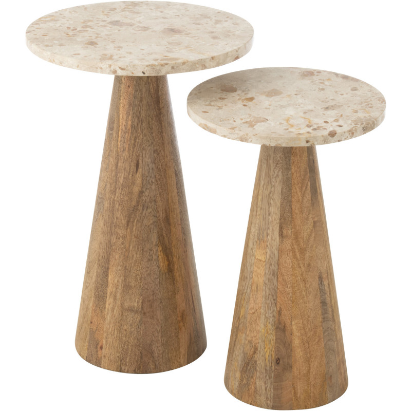 Lot de 2 Sellettes design chic Ronde Marbre Beige Bois de manguier Marron Monolya J-Line - 1