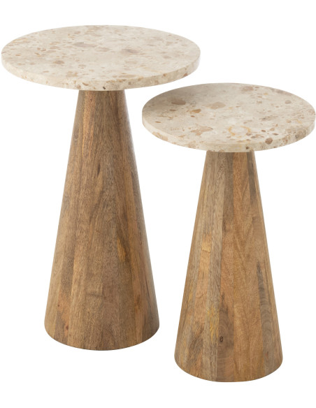 Lot de 2 Sellettes design chic Ronde Marbre Beige Bois de manguier Marron Monolya J-Line - 1