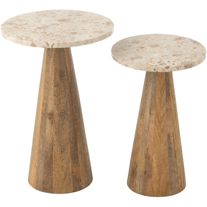 Lot de 2 Sellettes design chic Ronde Marbre Beige Bois de manguier Marron Monolya J-Line - 2