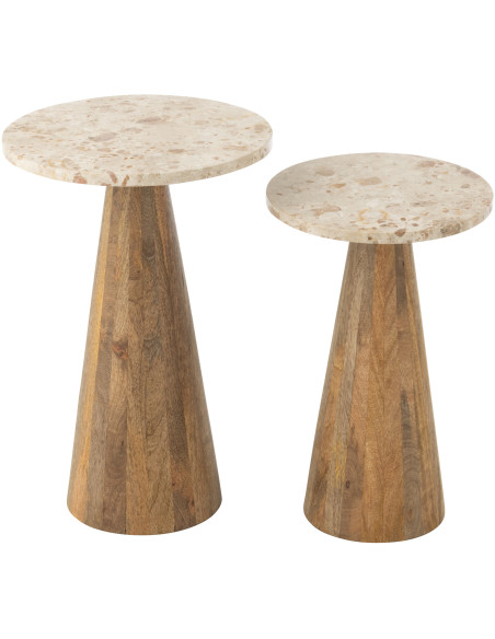 Lot de 2 Sellettes design chic Ronde Marbre Beige Bois de manguier Marron Monolya J-Line - 2